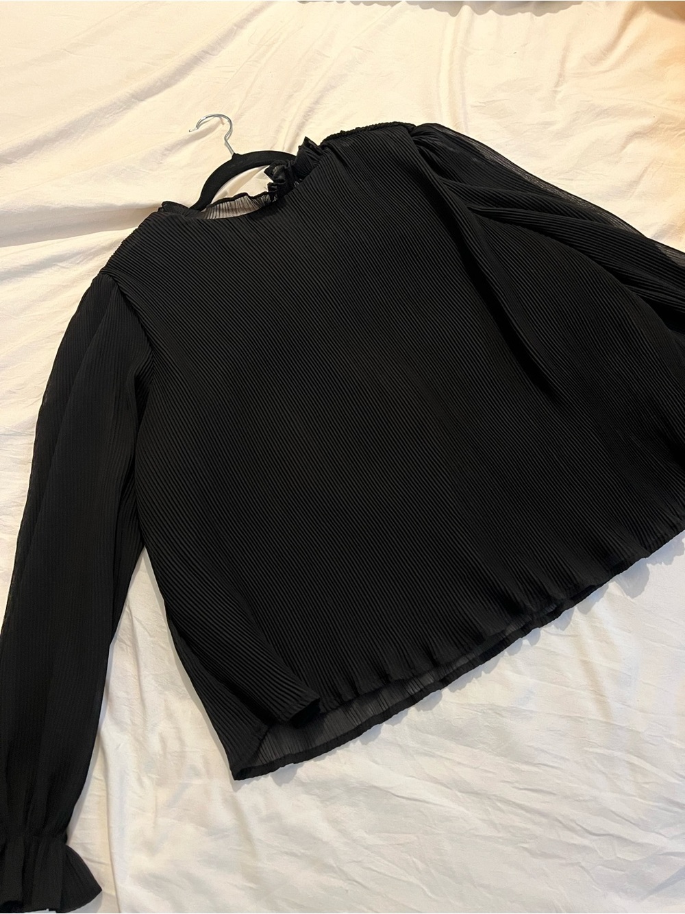 Black Pleated Long-Sleeve Ruffle-Neck Blouse